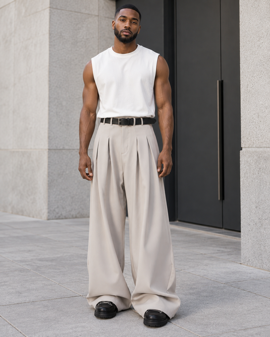 Men's High-Waisted Pleated Wide-Leg Pants
