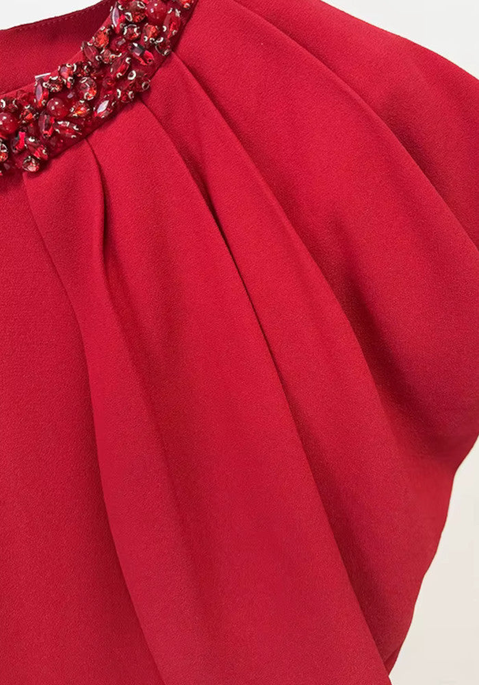 Embellished Neckline Draped Maxi Dress Red