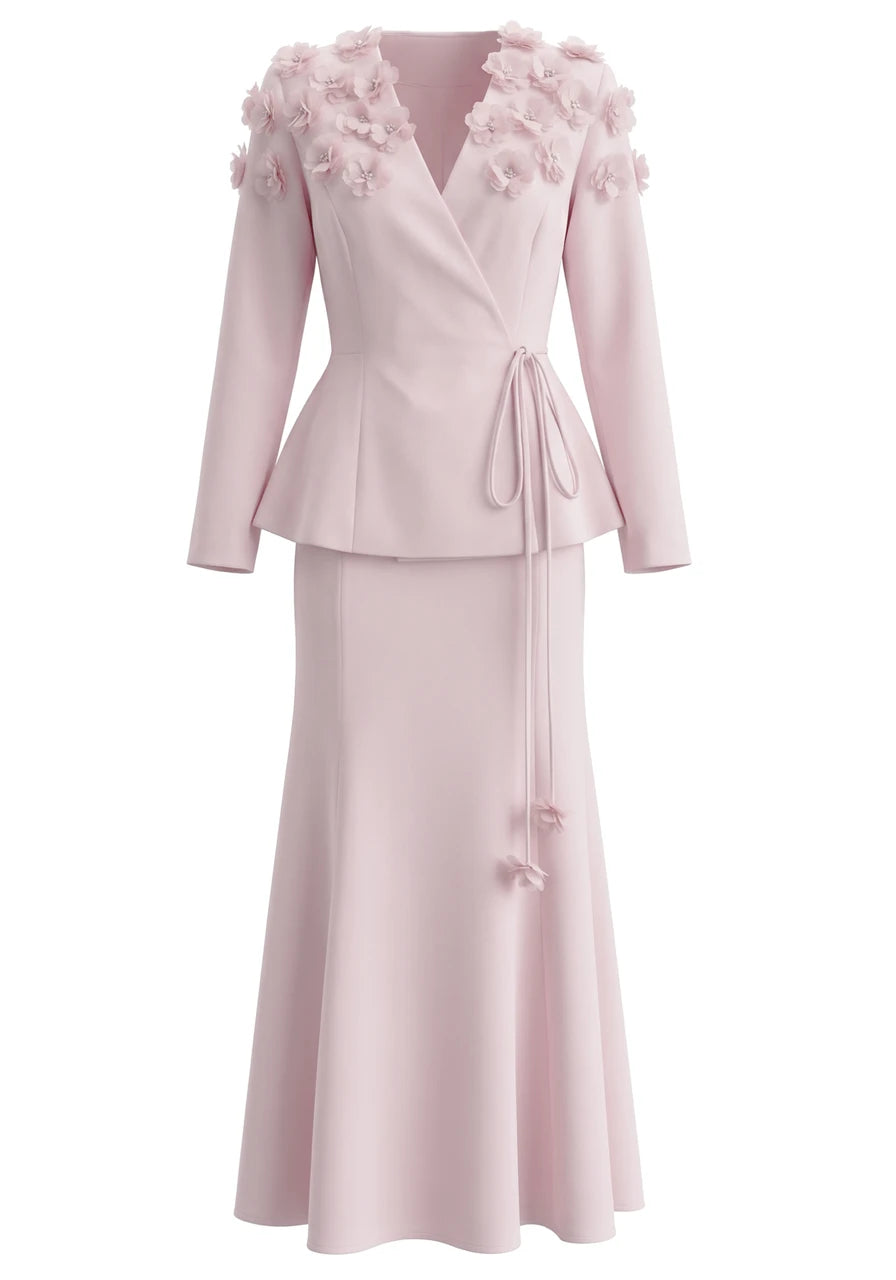 Long Sleeve Floral A Line Two Piece Maxi Dress Pink