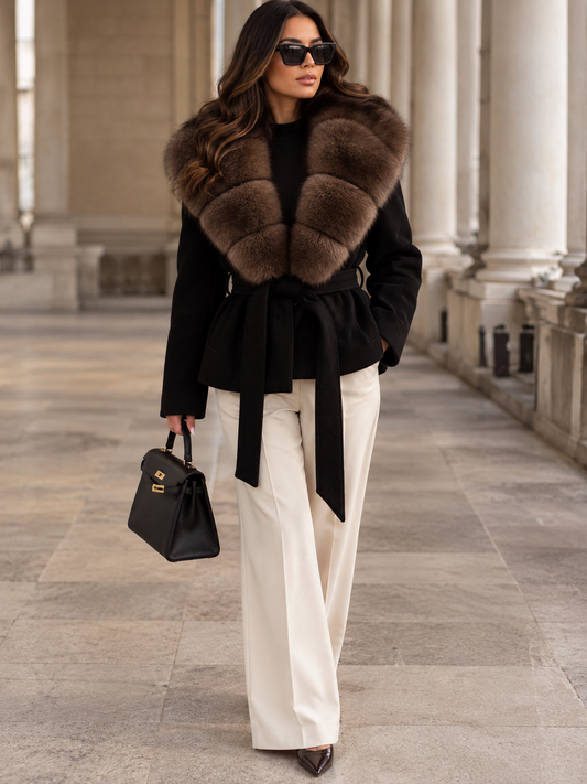 Faux Fur Collar Belted Outerwear