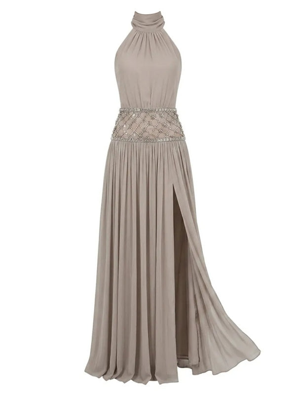 Champagne Crystal-Waist Halter Gown