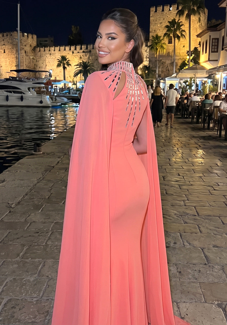 Cape Embellished Maxi Dress Coral Red