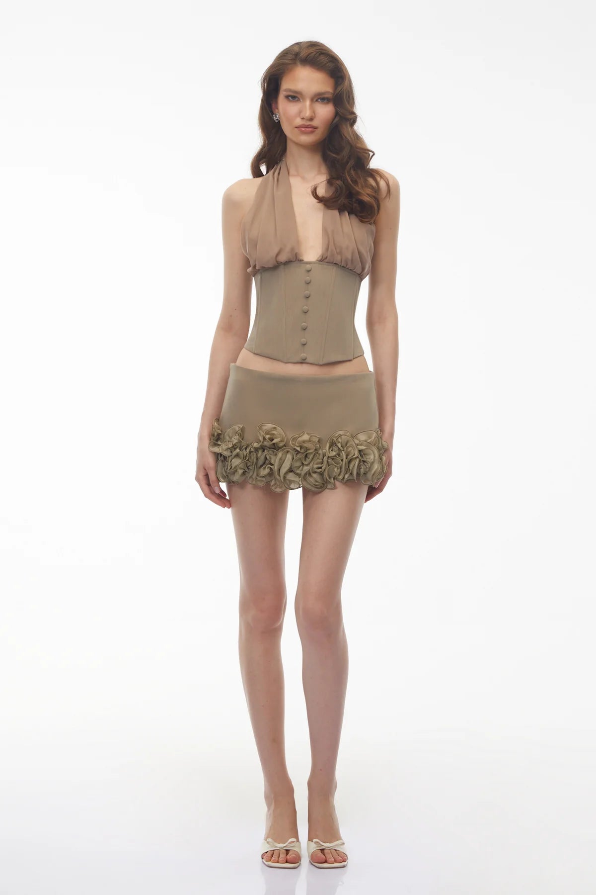 Nadiya Khaki Halterneck Top & Ruffled Skirt Set