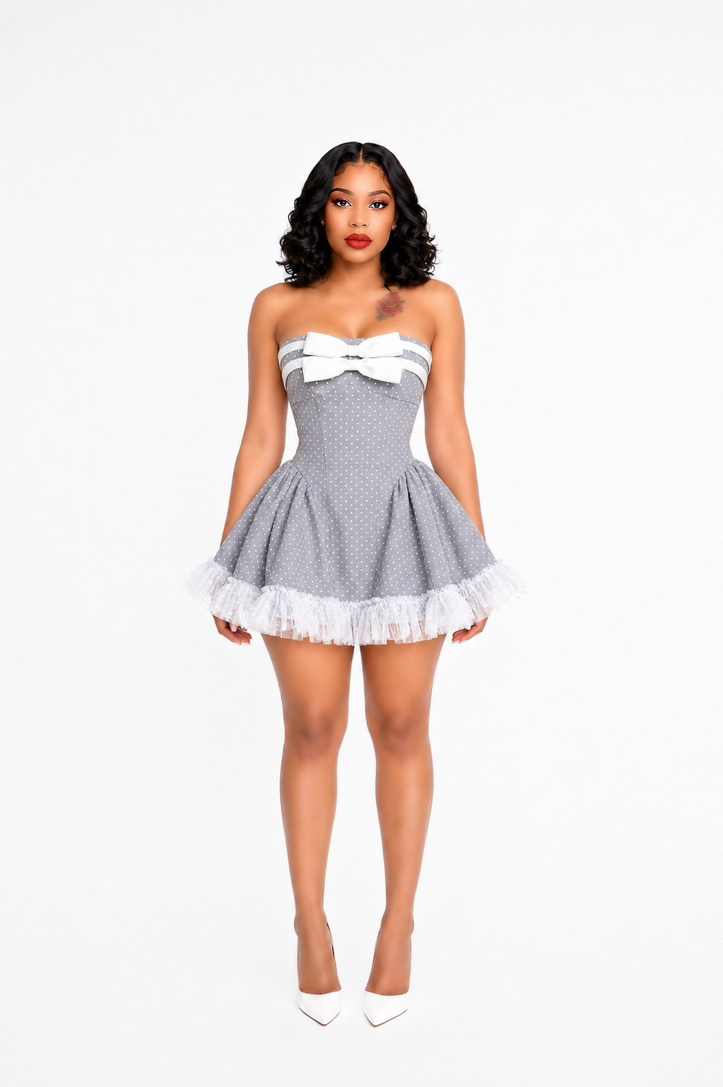 Strapless Bow Detail A Line Dress Grey White