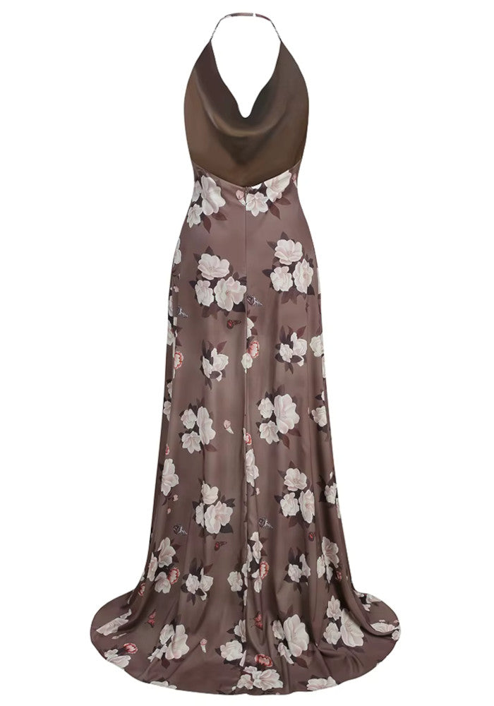 Halter Floral Maxi Dress Brown