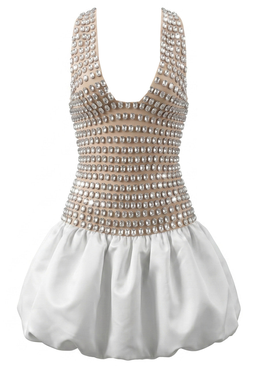 Halter Crystal Corset Bubble Dress Nude White