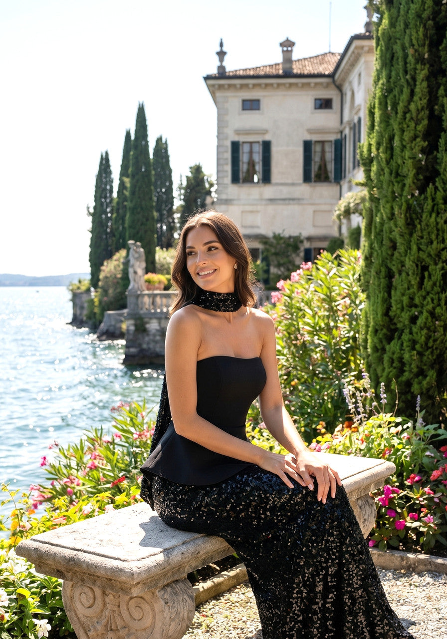 Strapless Peplum Sequin Two Piece Maxi Dress Black