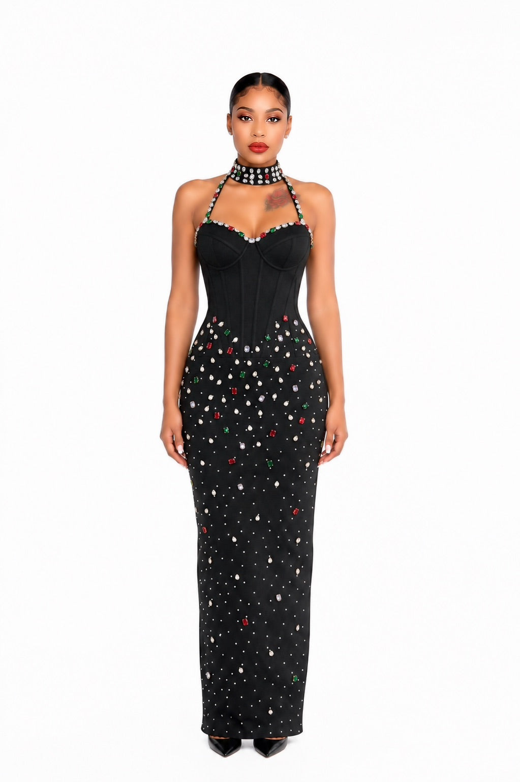 Halter Crystal Structured Bustier Maxi Dress Black