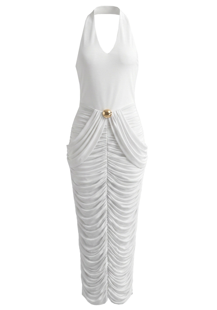 Halter Draped Design Maxi Dress White