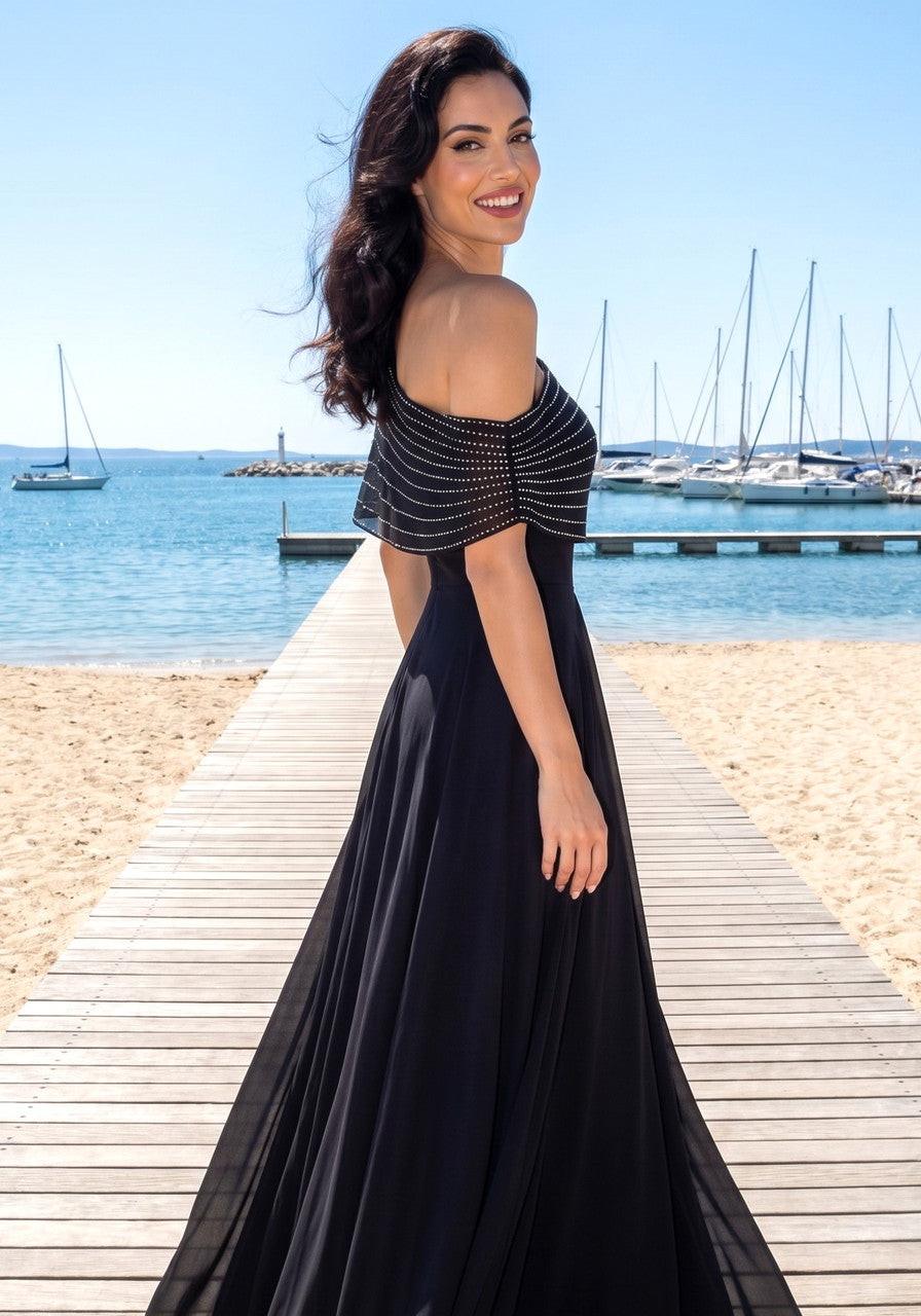 Embellished Bardot A Line Maxi Dress Black