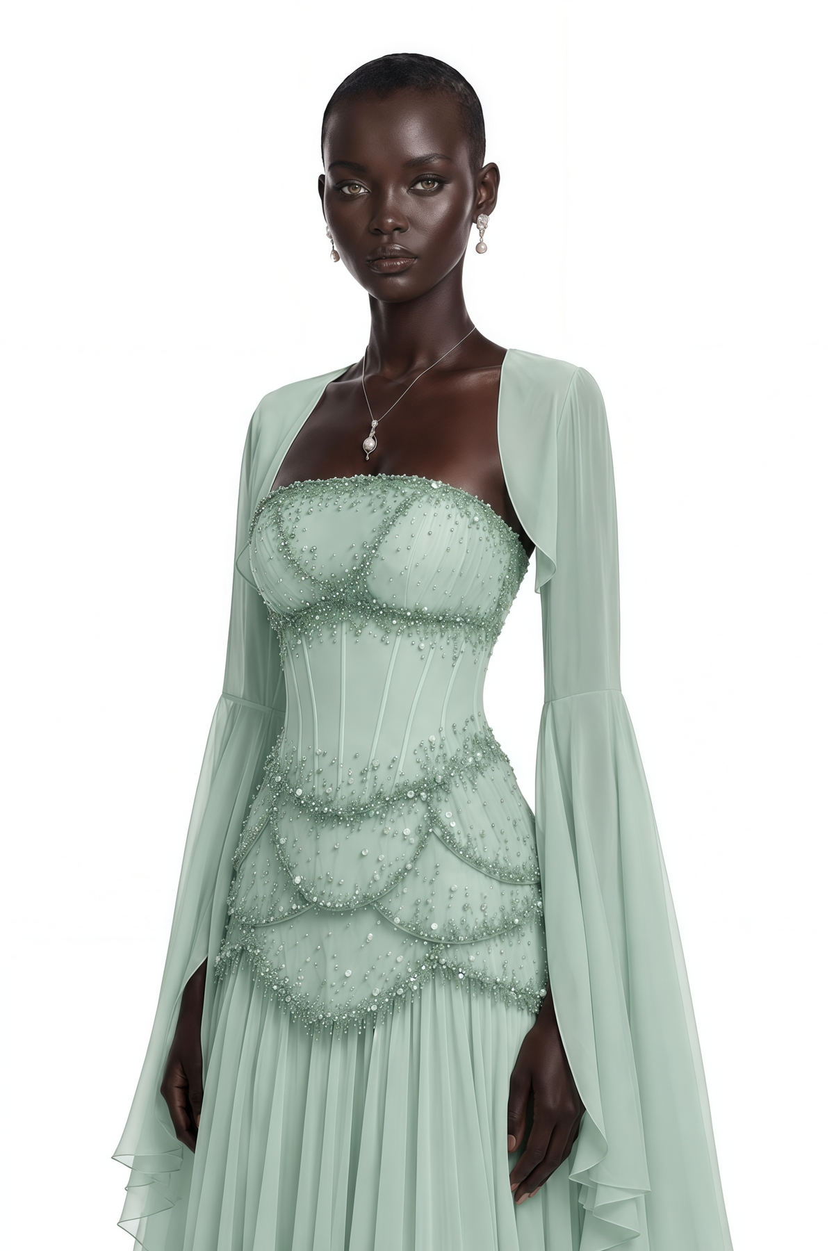 Green Faux-pearl-embellished Pleated Maxi Dress