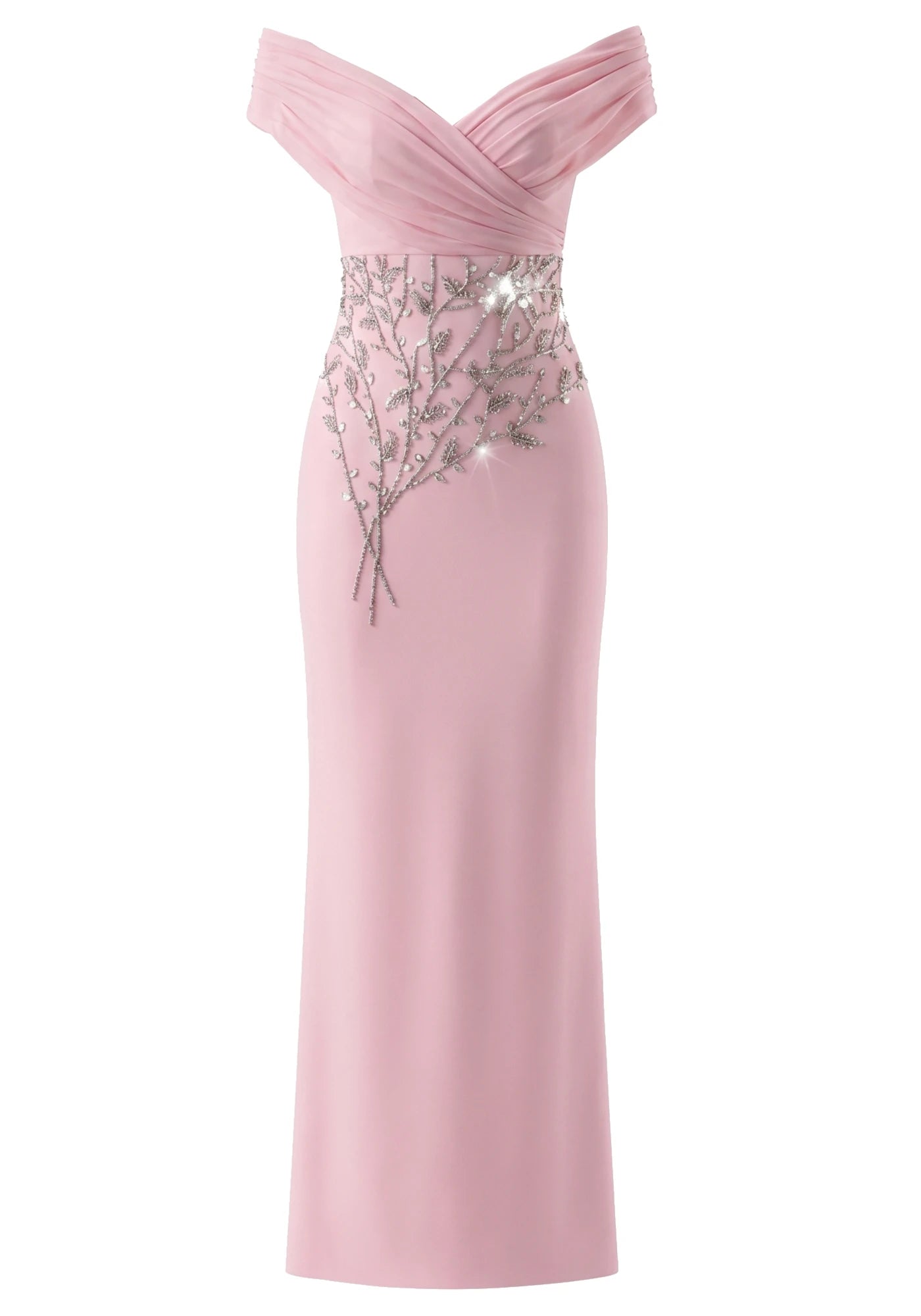 Draped Bardot Crystal Floral Maxi Dress Pink
