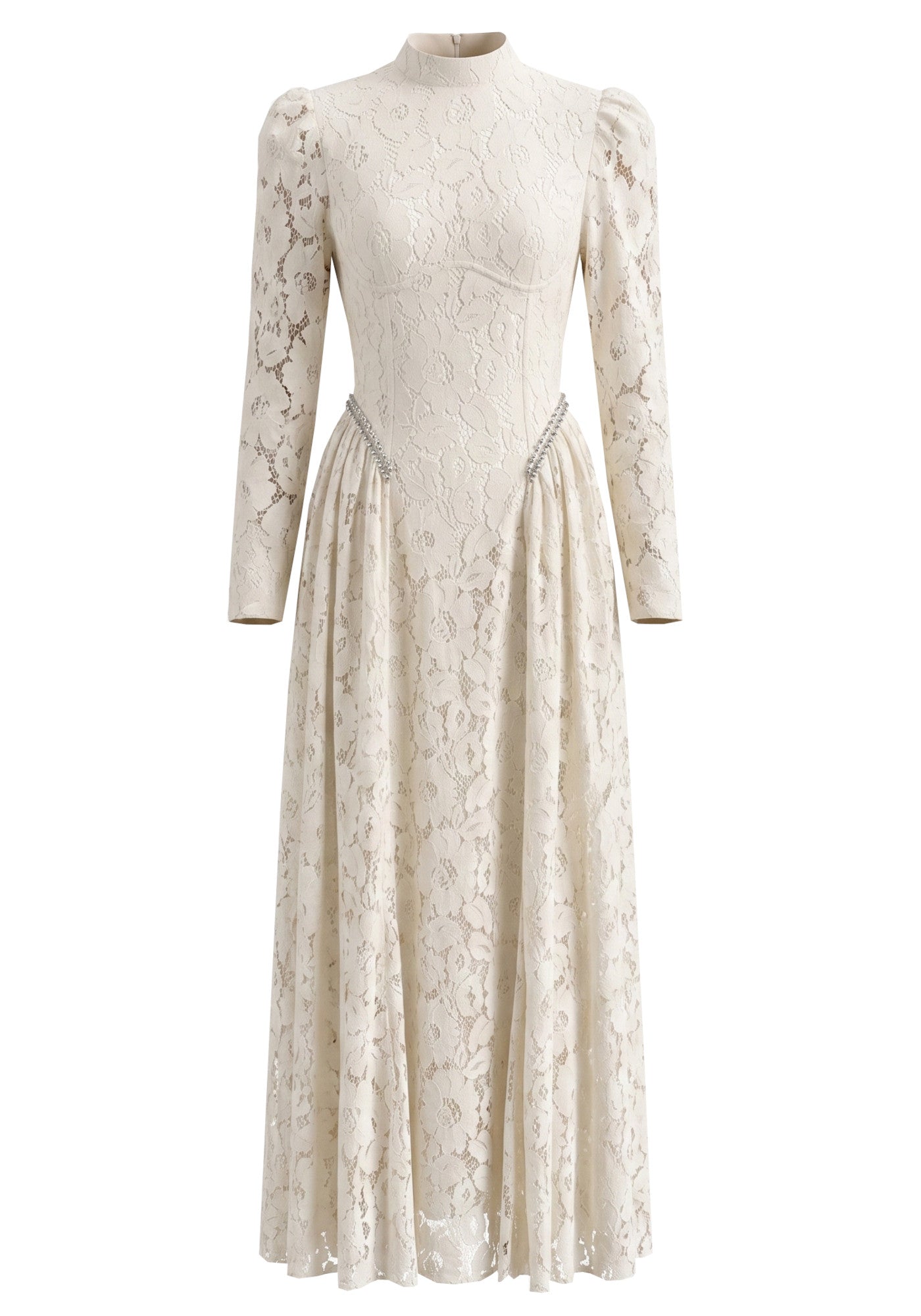 Long Sleeve Crystal Detail A Line Lace Maxi Dress Ivory