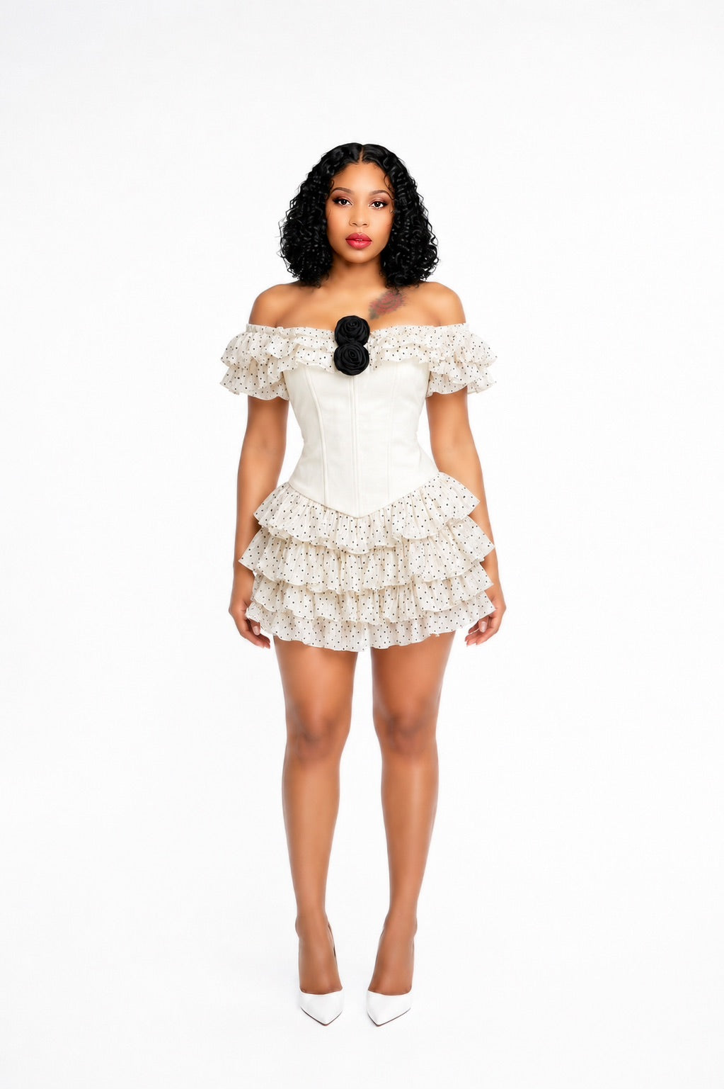 Ruffle Bardot Corset Two Piece Dress Ivory