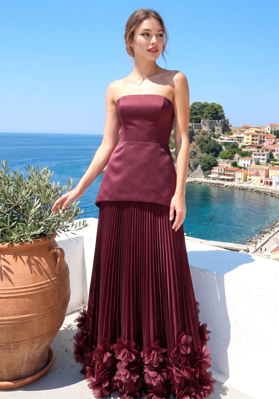 Strapless Pleated Petal Maxi Dress Burgundy
