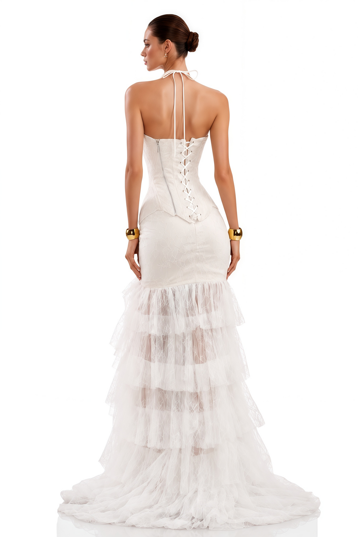 Halter Lace Corset Bust Multi Layered Tassel Fringe Sheer Mesh Maxi Skirt set