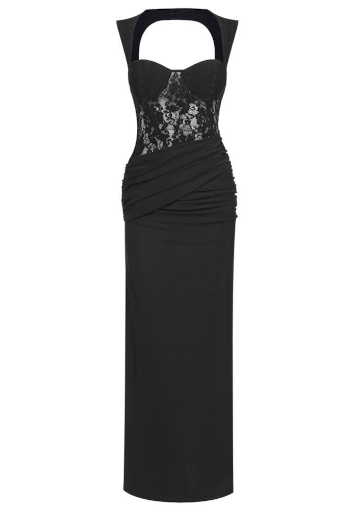 Lace Insert Bustier Draped Maxi Dress Black