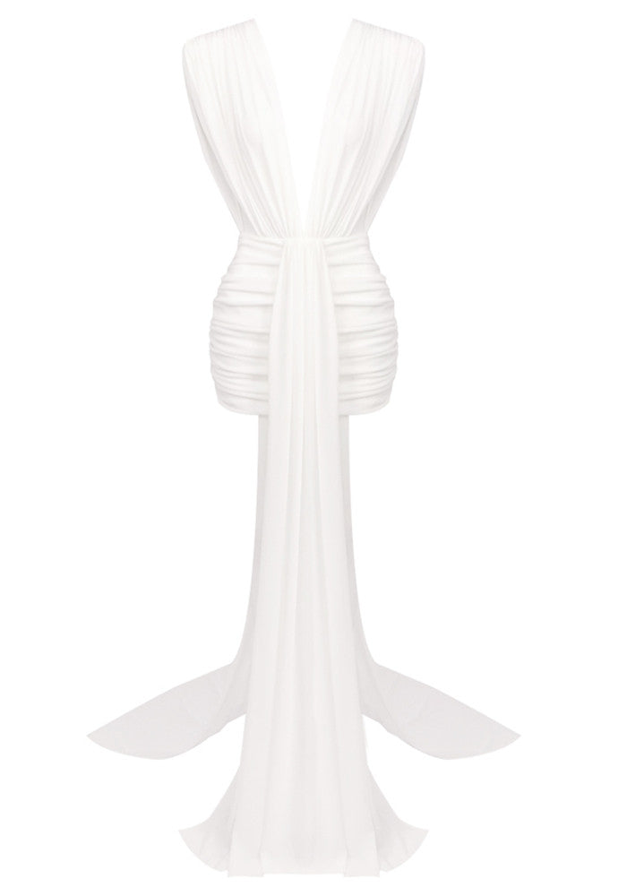 Plunge V Neck Draped Dress White