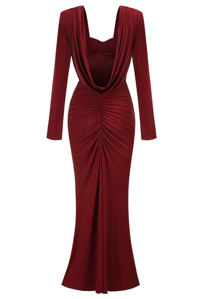 Long Sleeve Draped Bustier Maxi Dress Burgundy