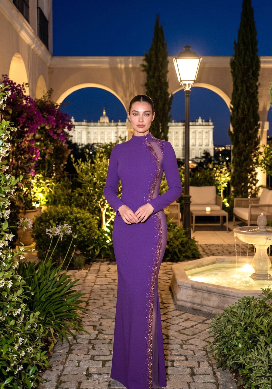 Long Sleeve Embellished Maxi Dress Purple