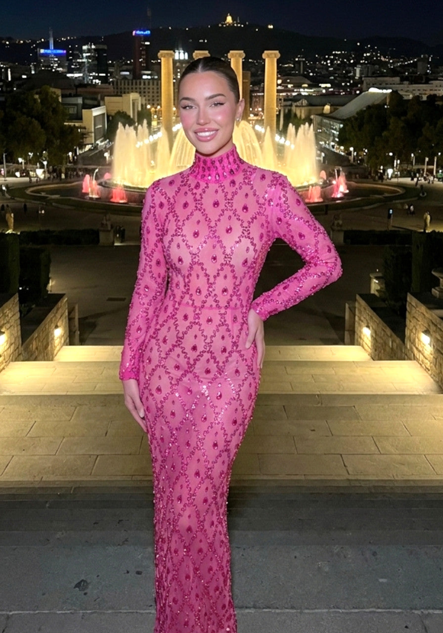 Long Sleeve Embellished Sequin Mesh Maxi Dress Hot Pink