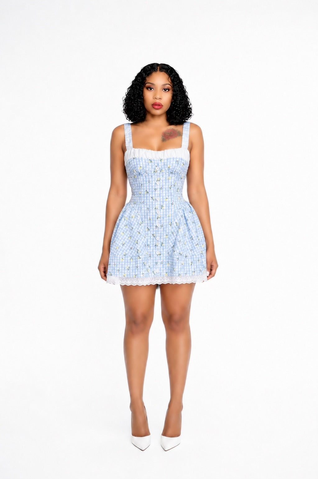 Floral Ruched A Line Dress Blue