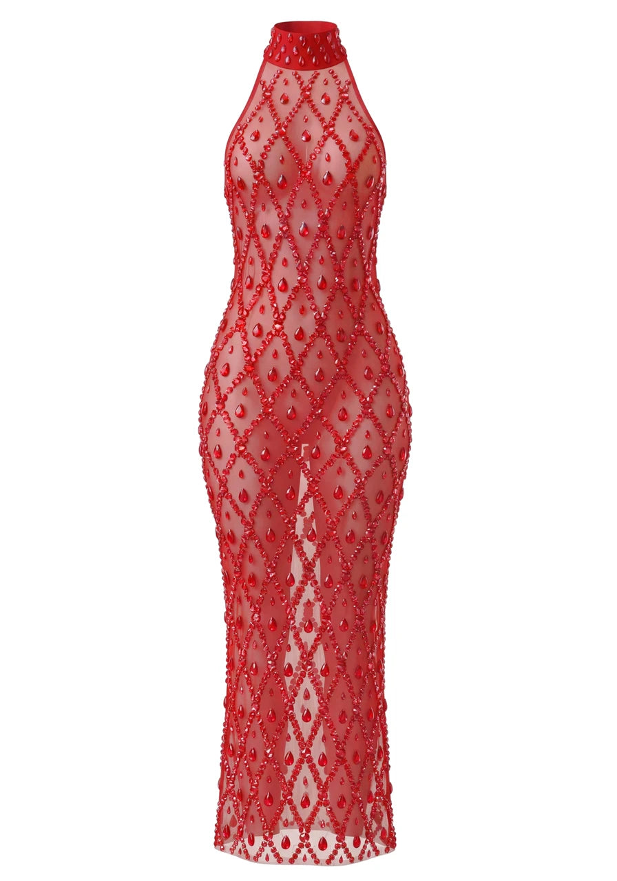 Crystal Sequin Mesh Maxi Dress Red