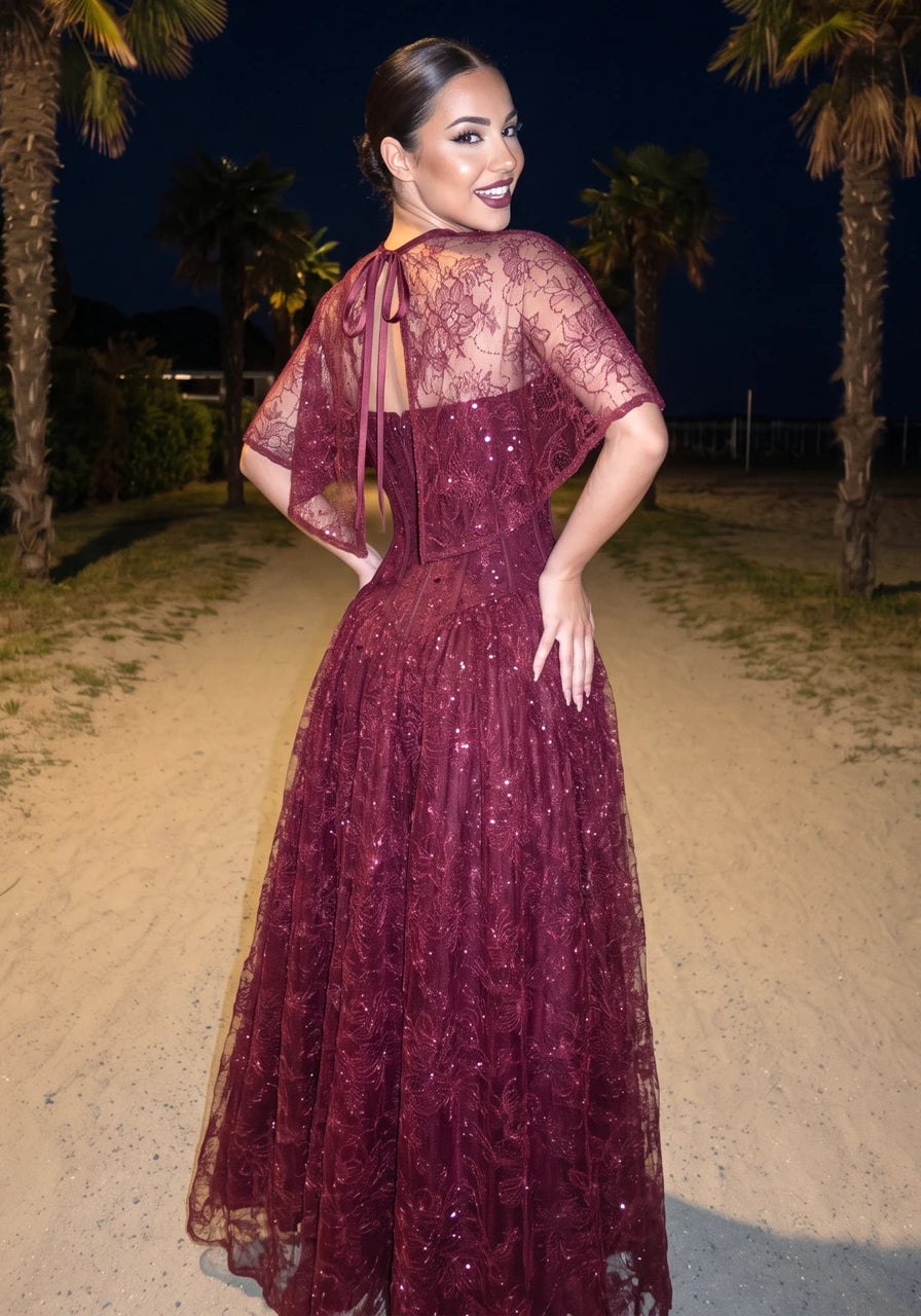 Lace Cape Strapless A Line Maxi Dress Burgundy