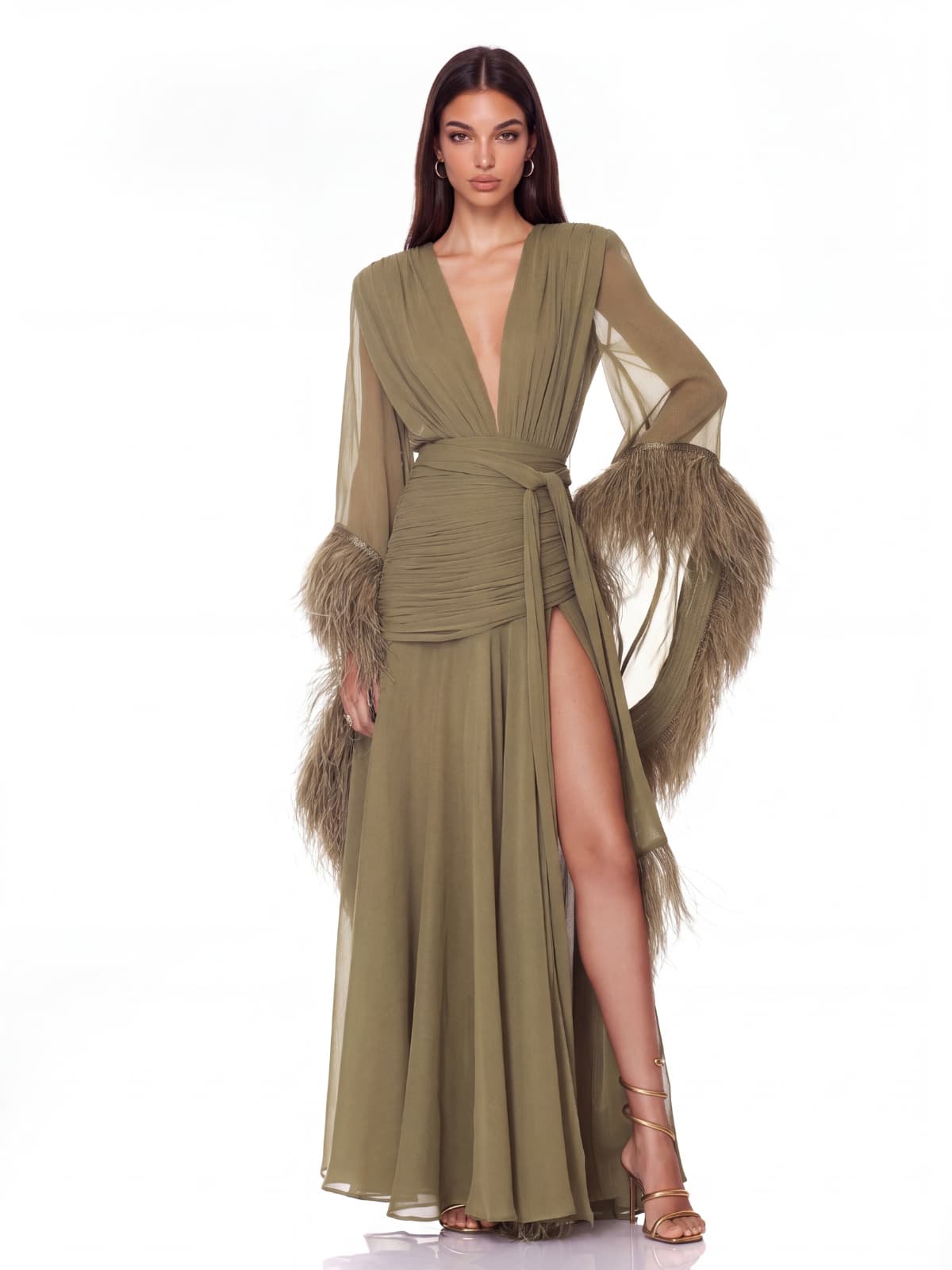 Neck Ruched Split Maxi Dress In Olive