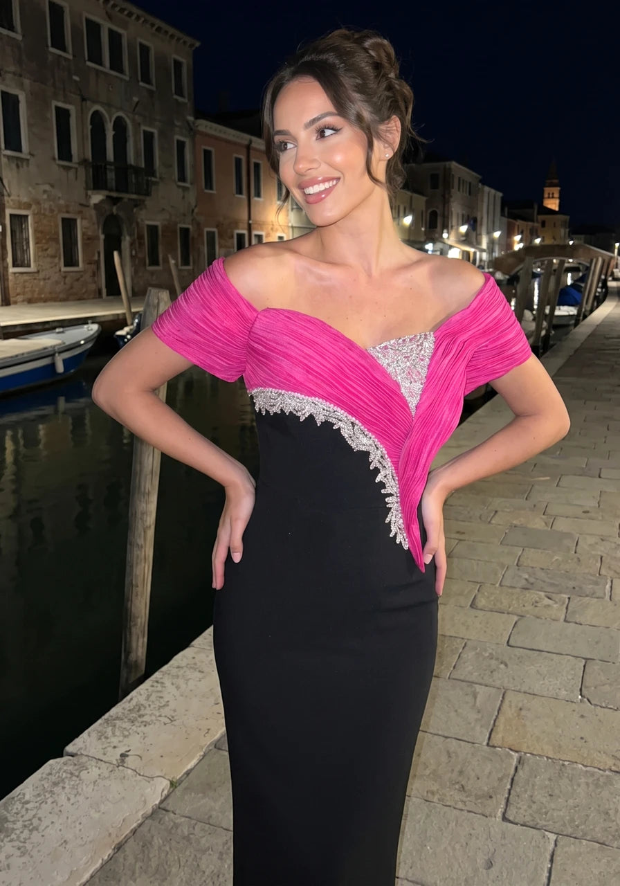 Bardot Crystal Embellished Maxi Dress Hot Pink Black