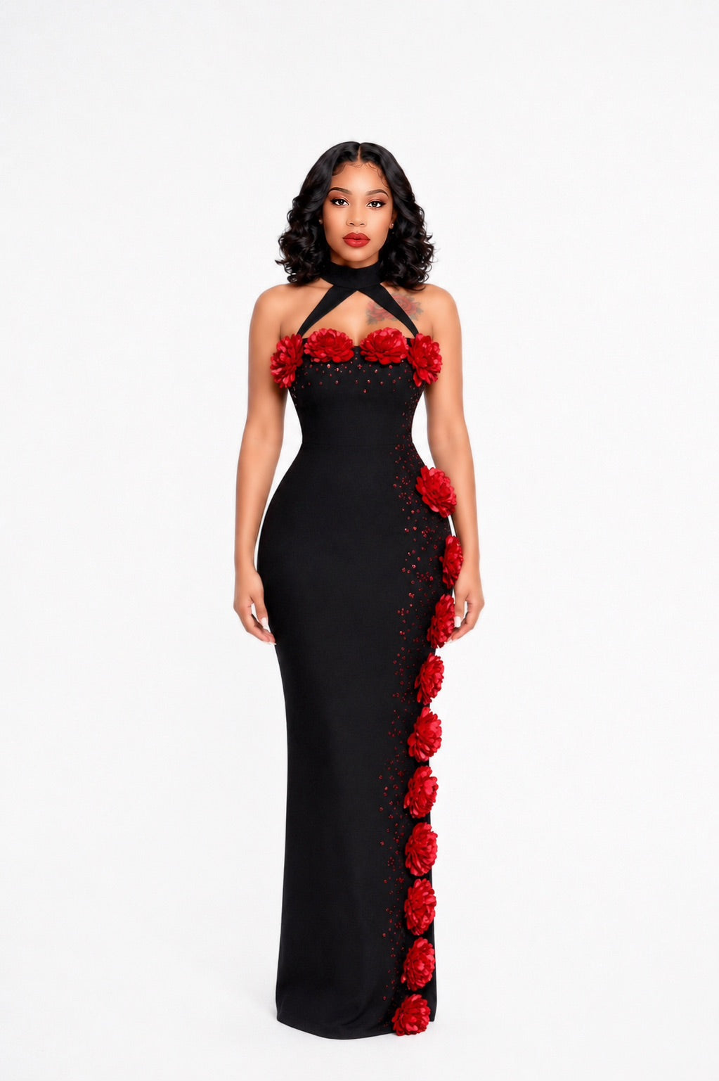 Halter Floral Crystal Maxi Dress Black Red