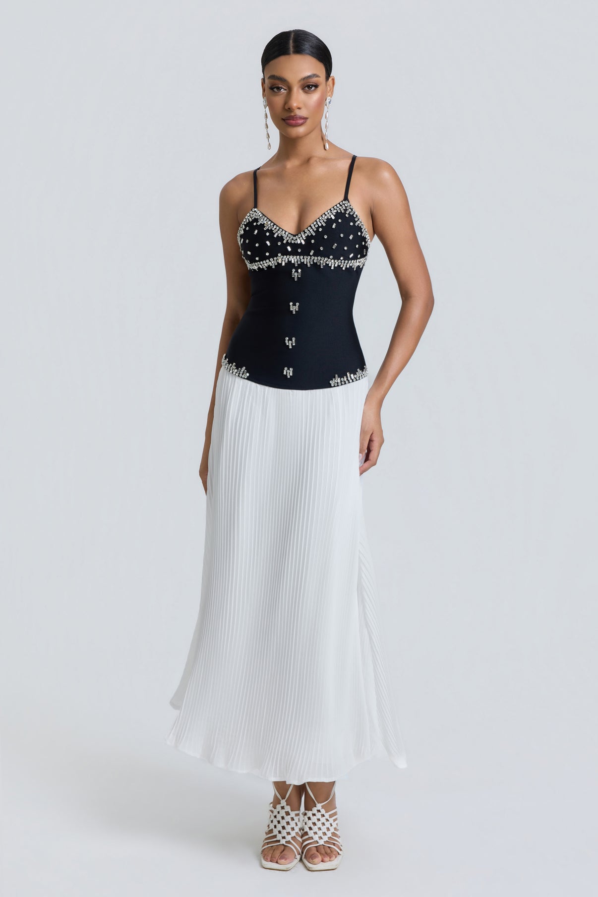 Chiffon midi dress with ribbons, rhinestones and studs