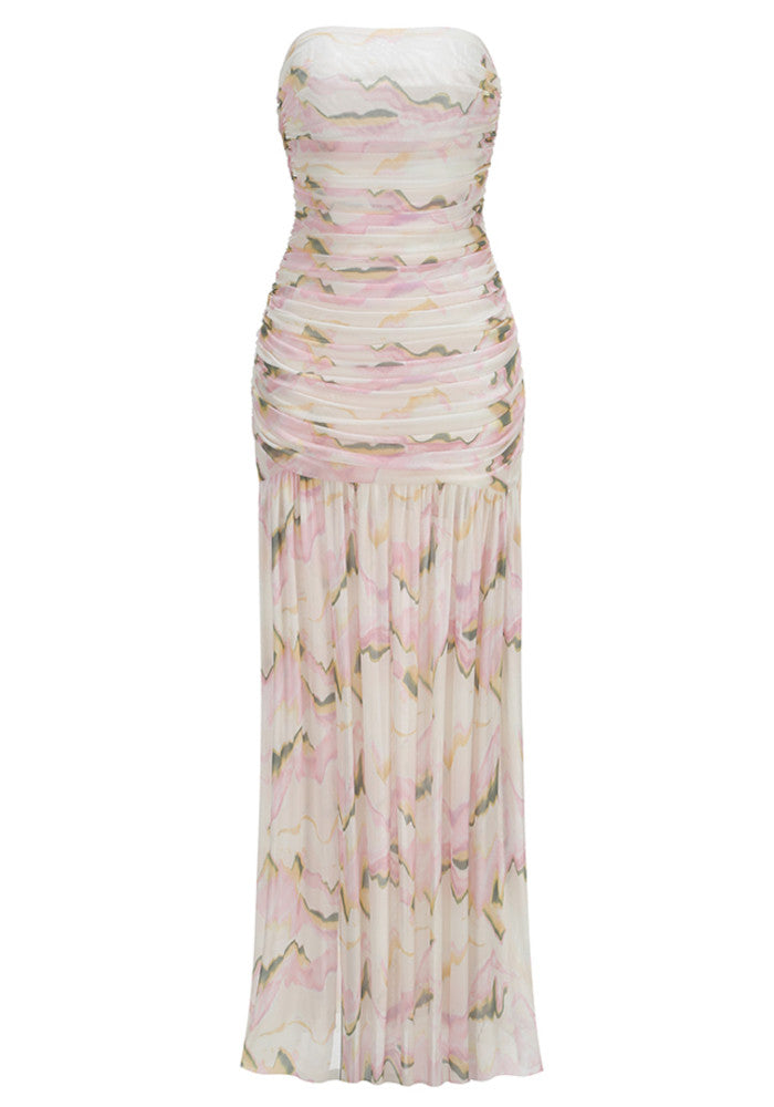 Strapless Draped A Line Maxi Dress Floral