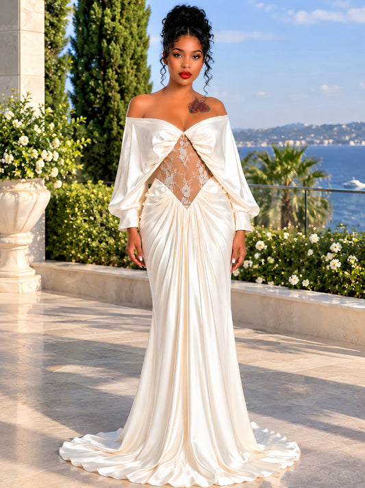 White Off Shoulder Maxi Dress with Lace Panels