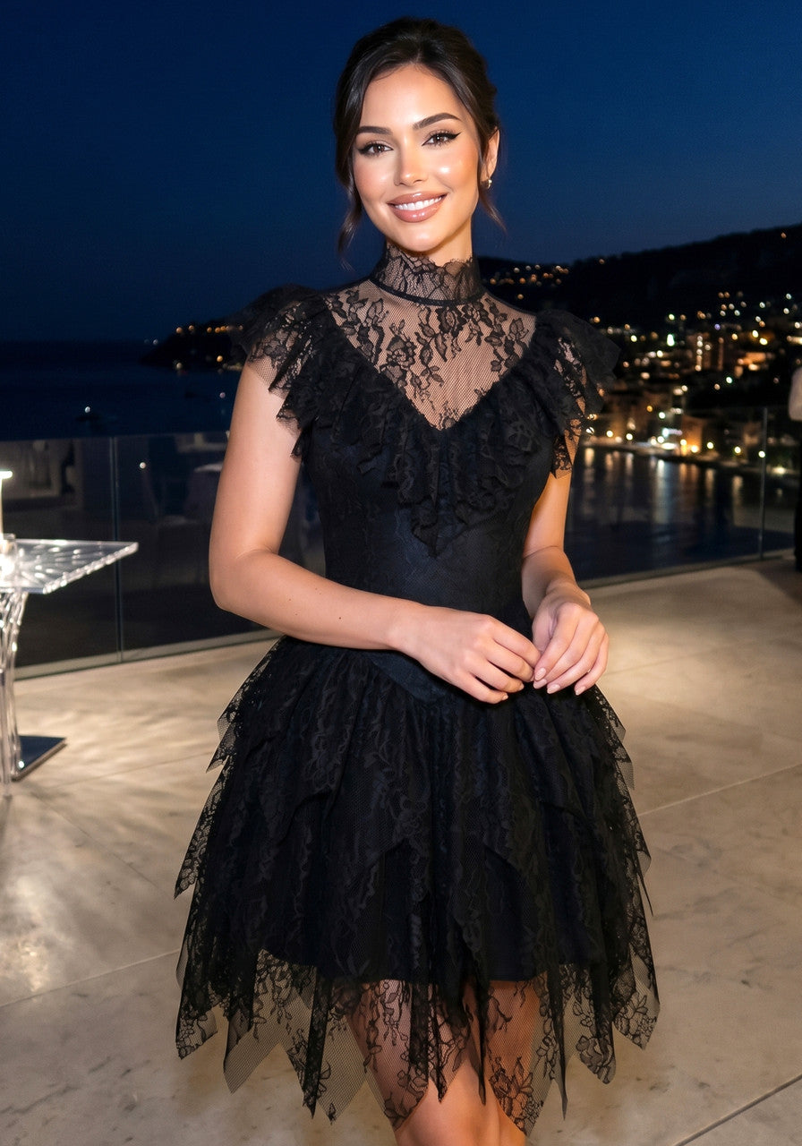 Lace Ruffle A Line Dress Black