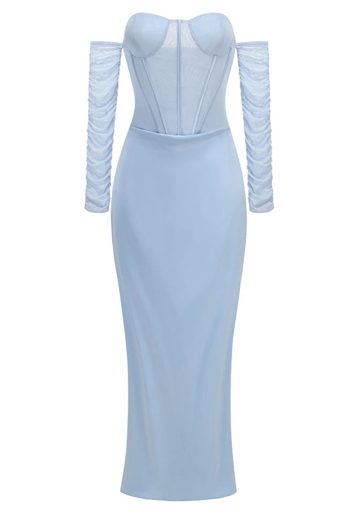 Long Sleeve Draped Mesh Bustier Maxi Dress Blue