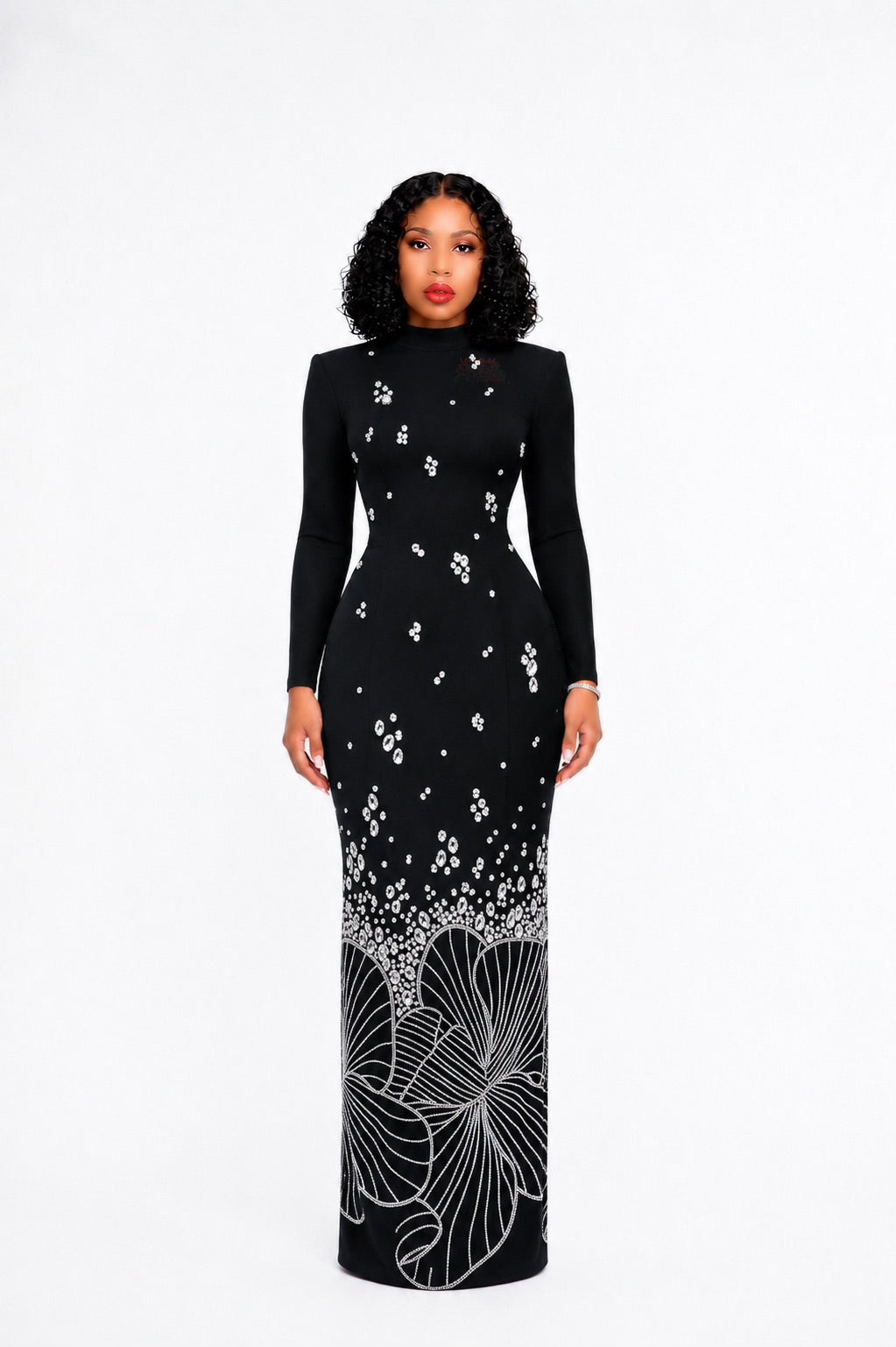 Long Sleeve Crystal Flower Detail Maxi Dress Black