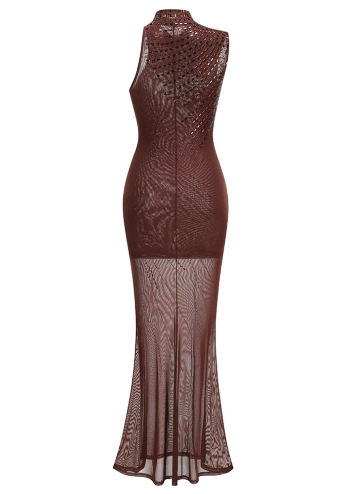 Asymmetric Embellished Maxi Dress Brown
