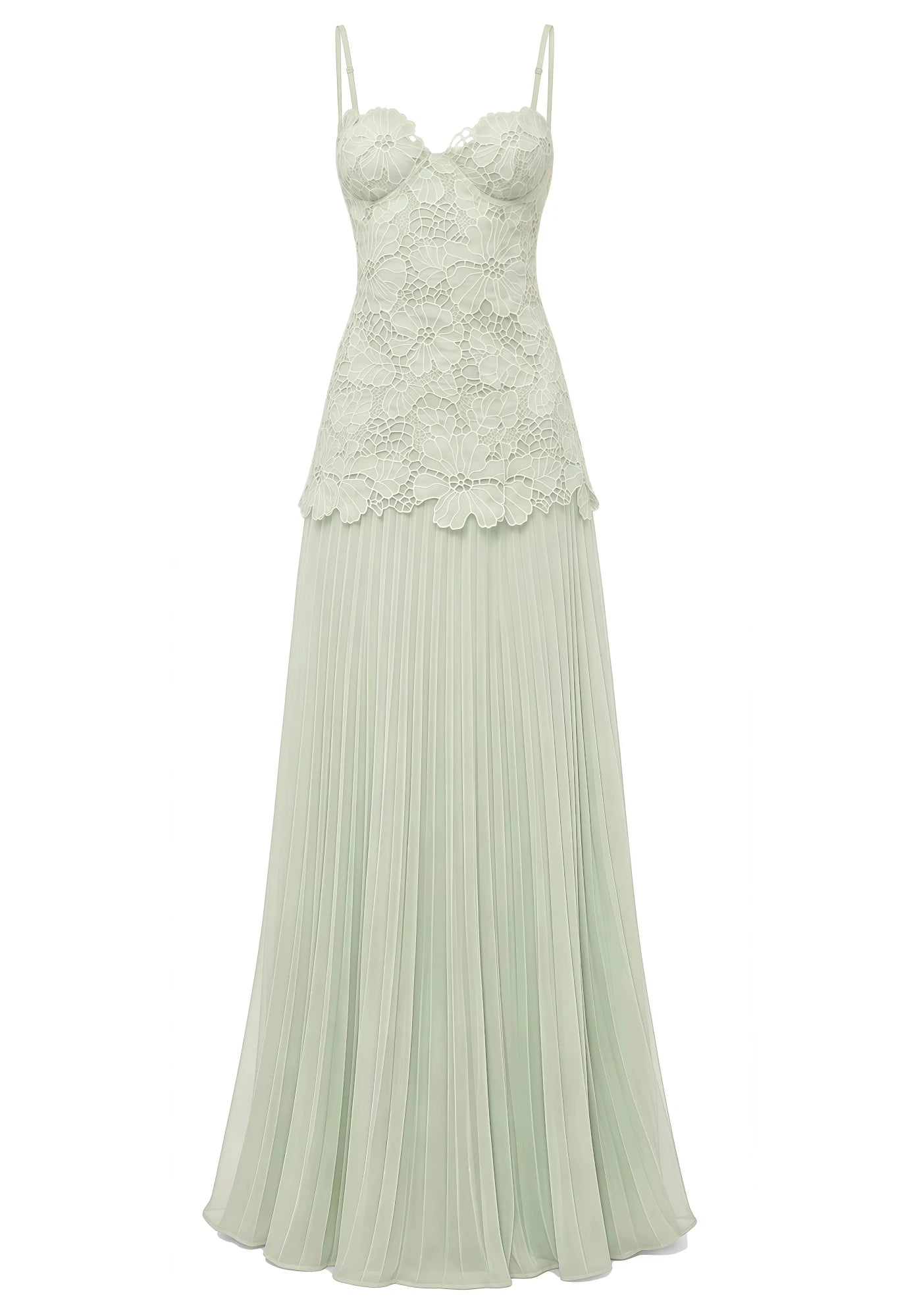 Lace Bustier Pleated A Line Maxi Dress Green