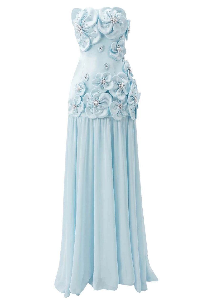 Strapless Floral A Line Maxi Dress Turquoise