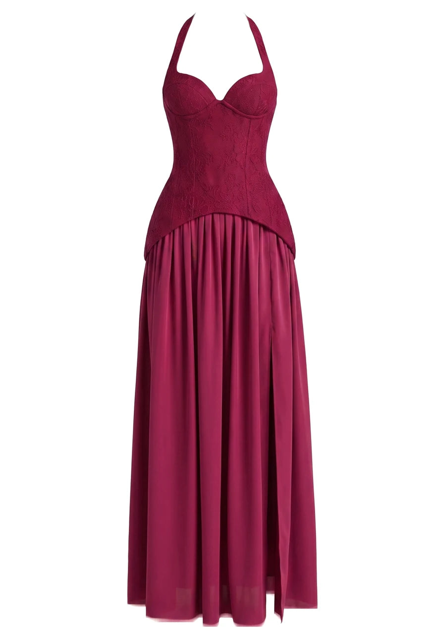 Halter Floral A Line Corset Maxi Dress Burgundy