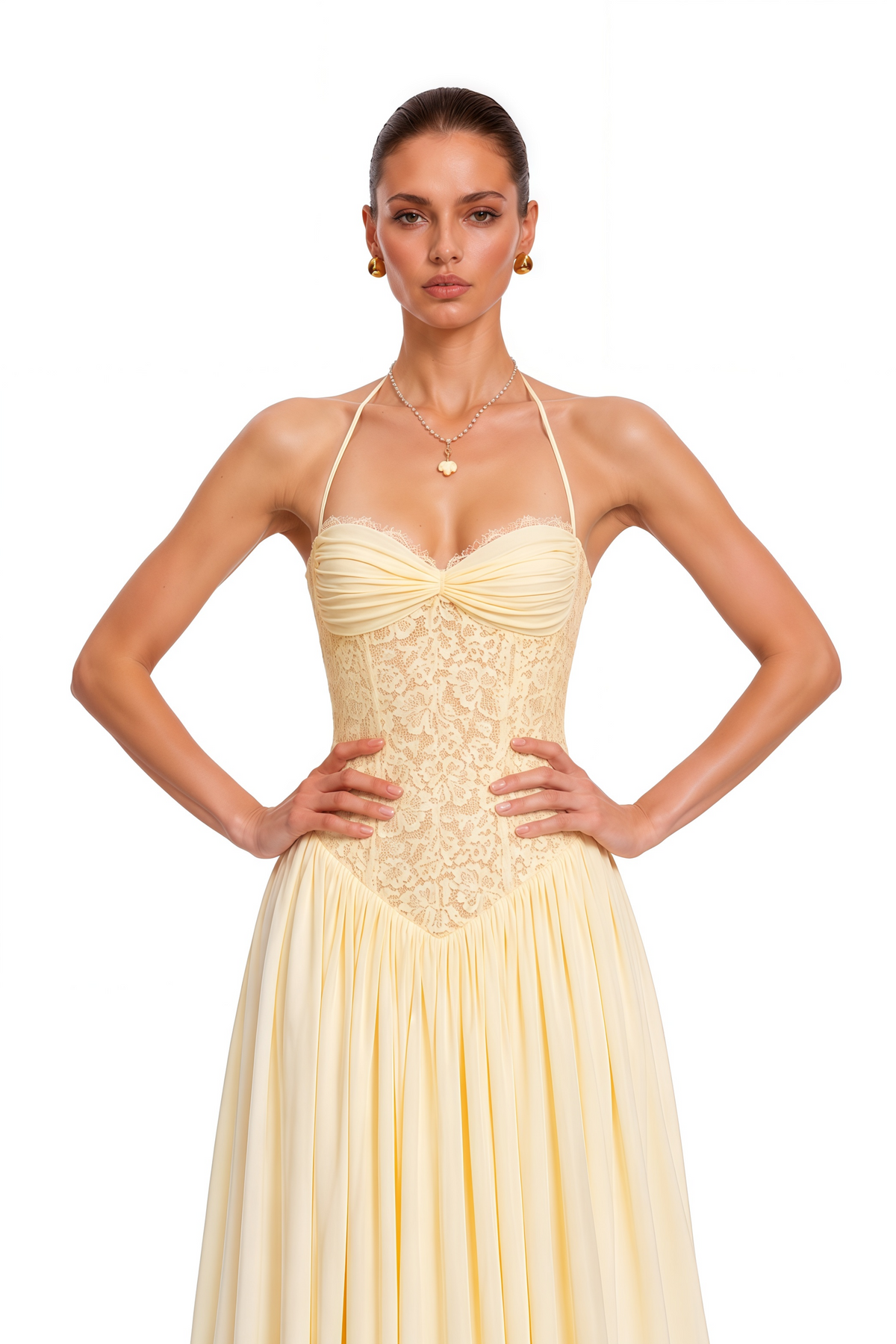 Yellow Halterneck Lace Corset Maxi Dress
