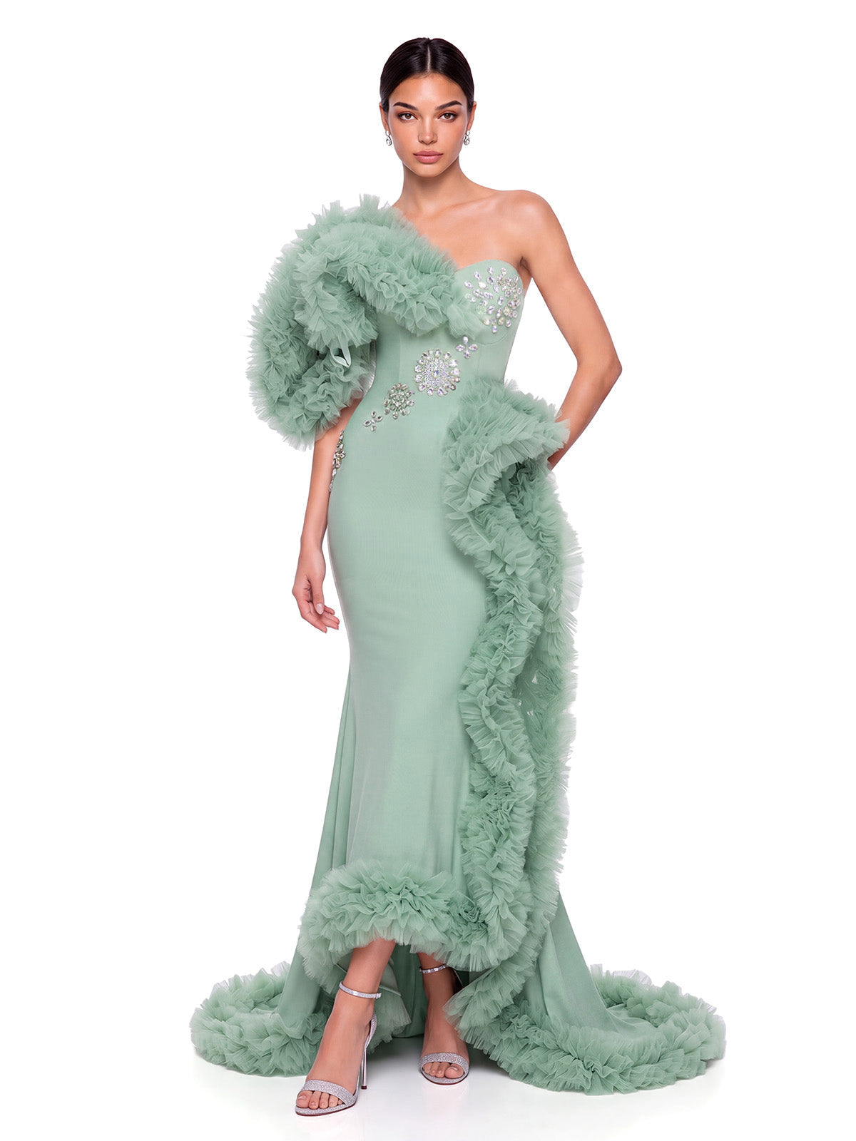 One Shoulder Crystal Tulle Maxi Dress