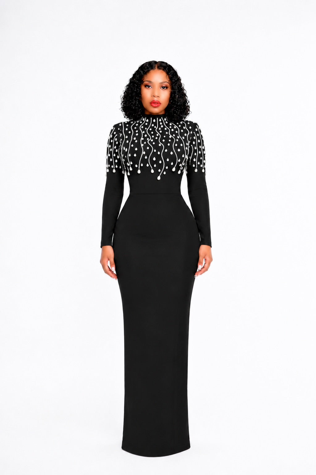 Long Sleeve Crystals Maxi Dress Black