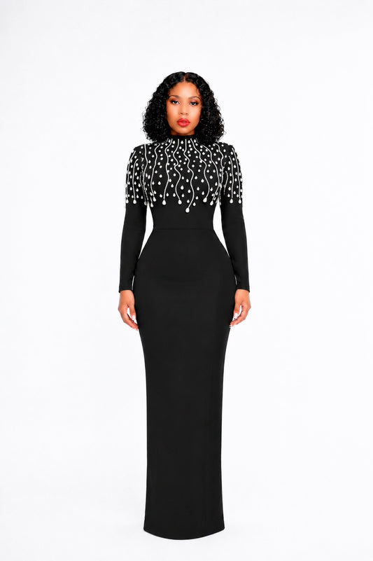 Long Sleeve Crystals Maxi Dress Black