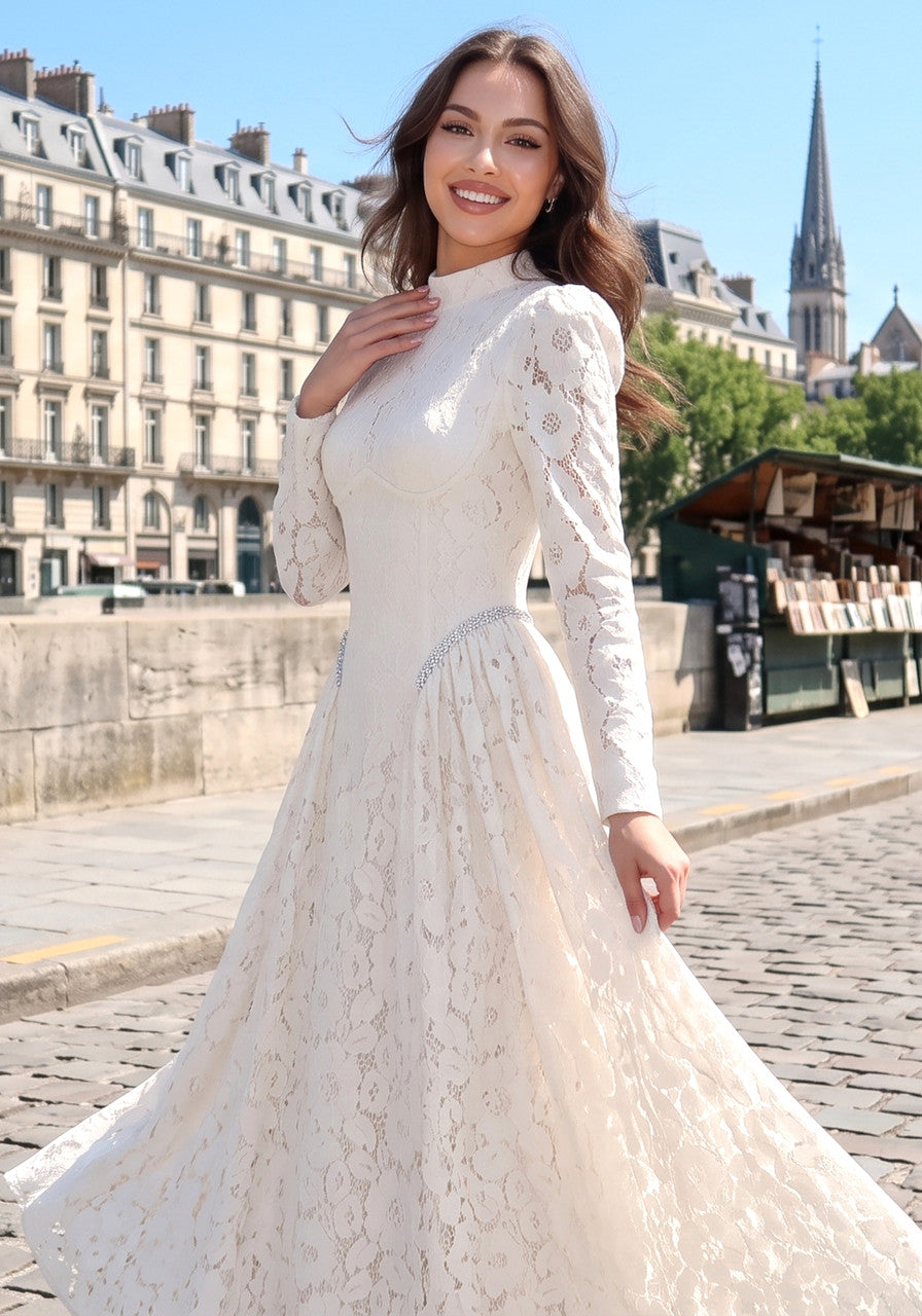 Long Sleeve Crystal Detail A Line Lace Maxi Dress Ivory