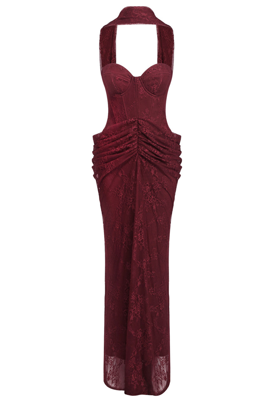 Strapless Draped Lace Bustier Maxi Dress Burgundy