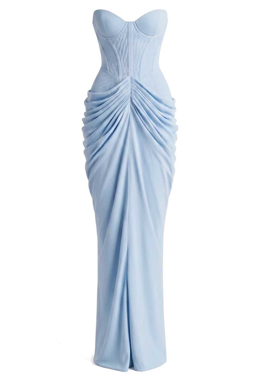 Strapless Bustier Draped Corset Maxi Dress Blue