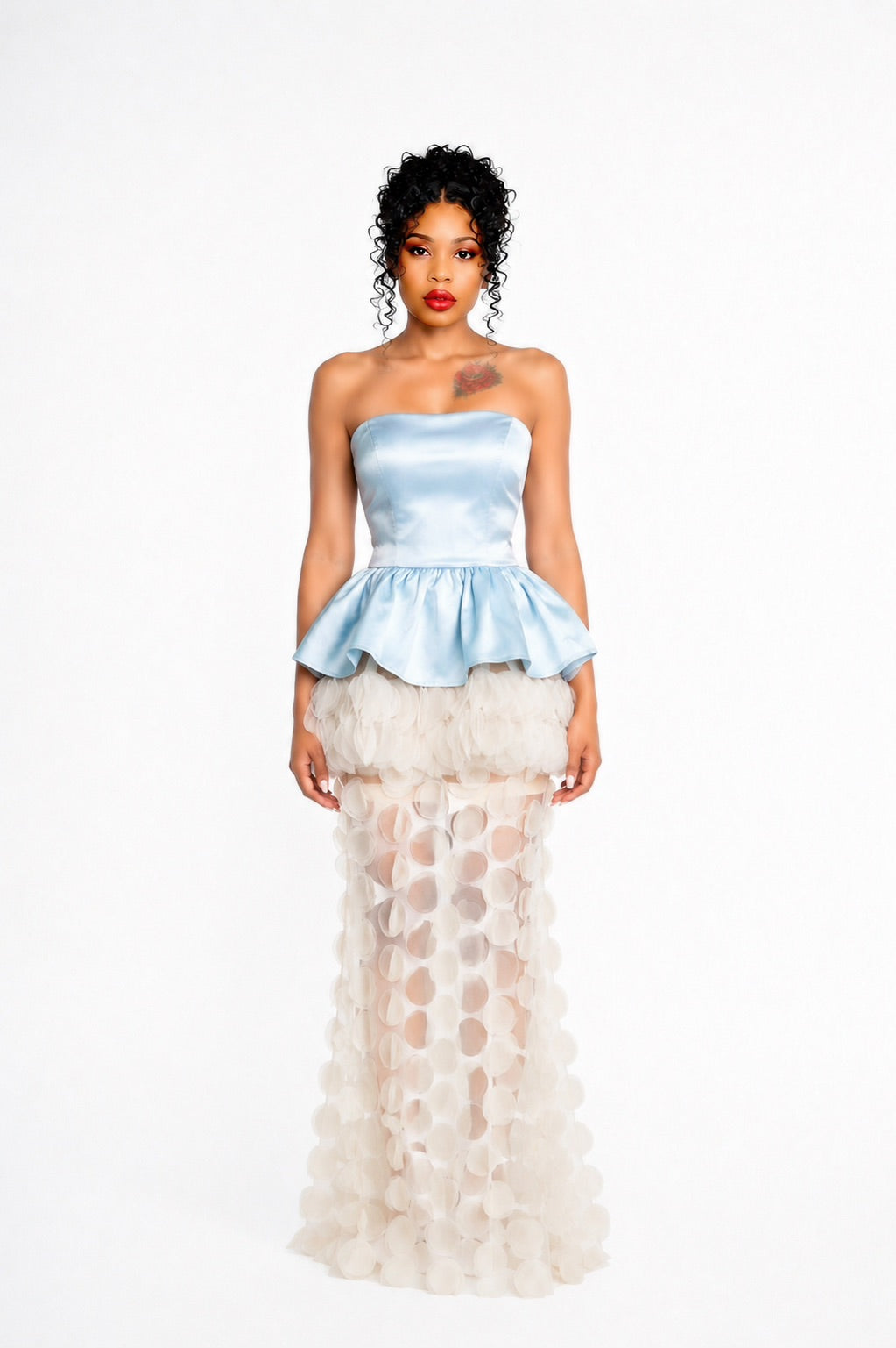 Strapless Floral Peplum Maxi Dress Light Blue Ivory