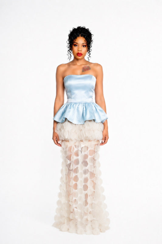 Strapless Floral Peplum Maxi Dress Light Blue Ivory